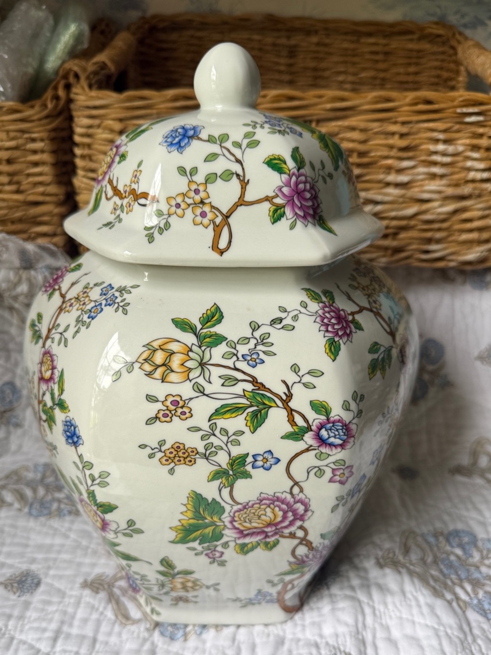 Cream Ceramic Floral Ginger Jar with Multicolor Blossoms